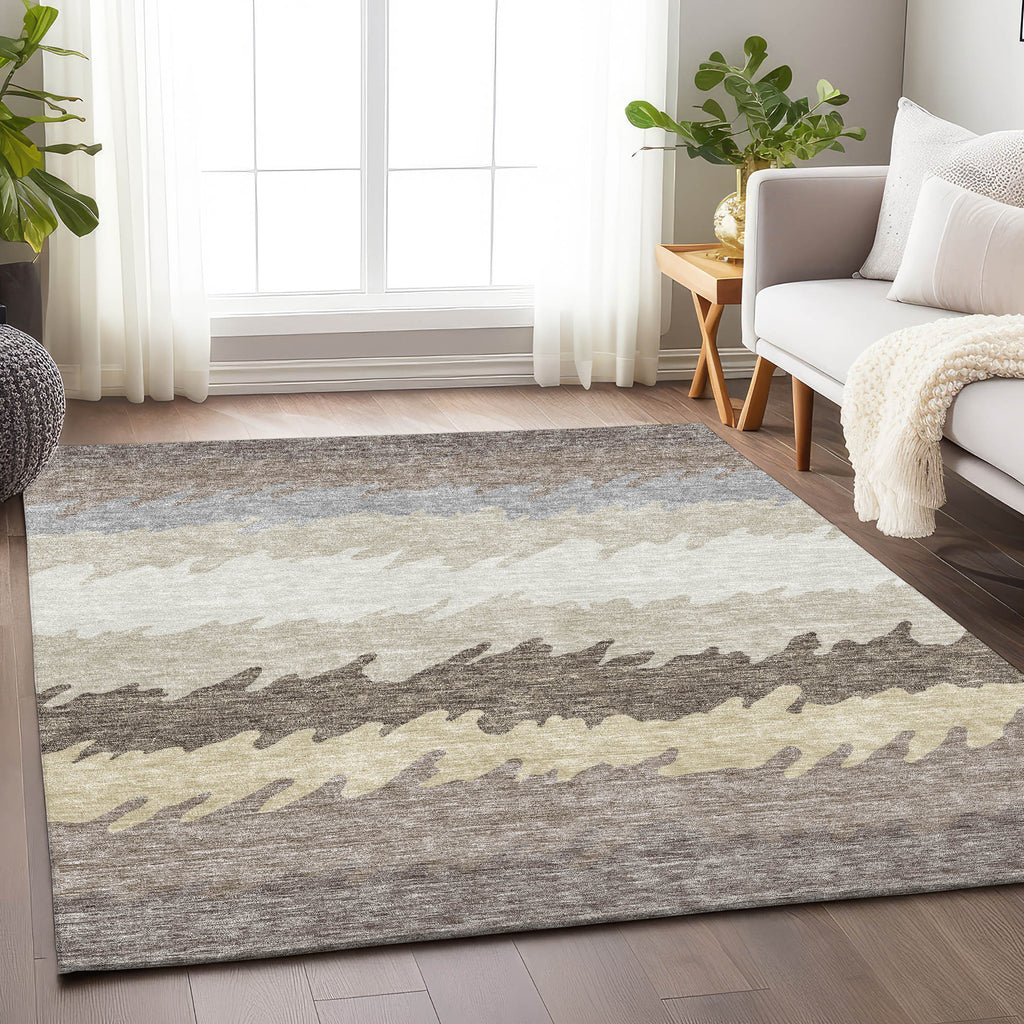 8' X 10' Taupe Gray And Beige Striped Washable Area Rug With UV Protection