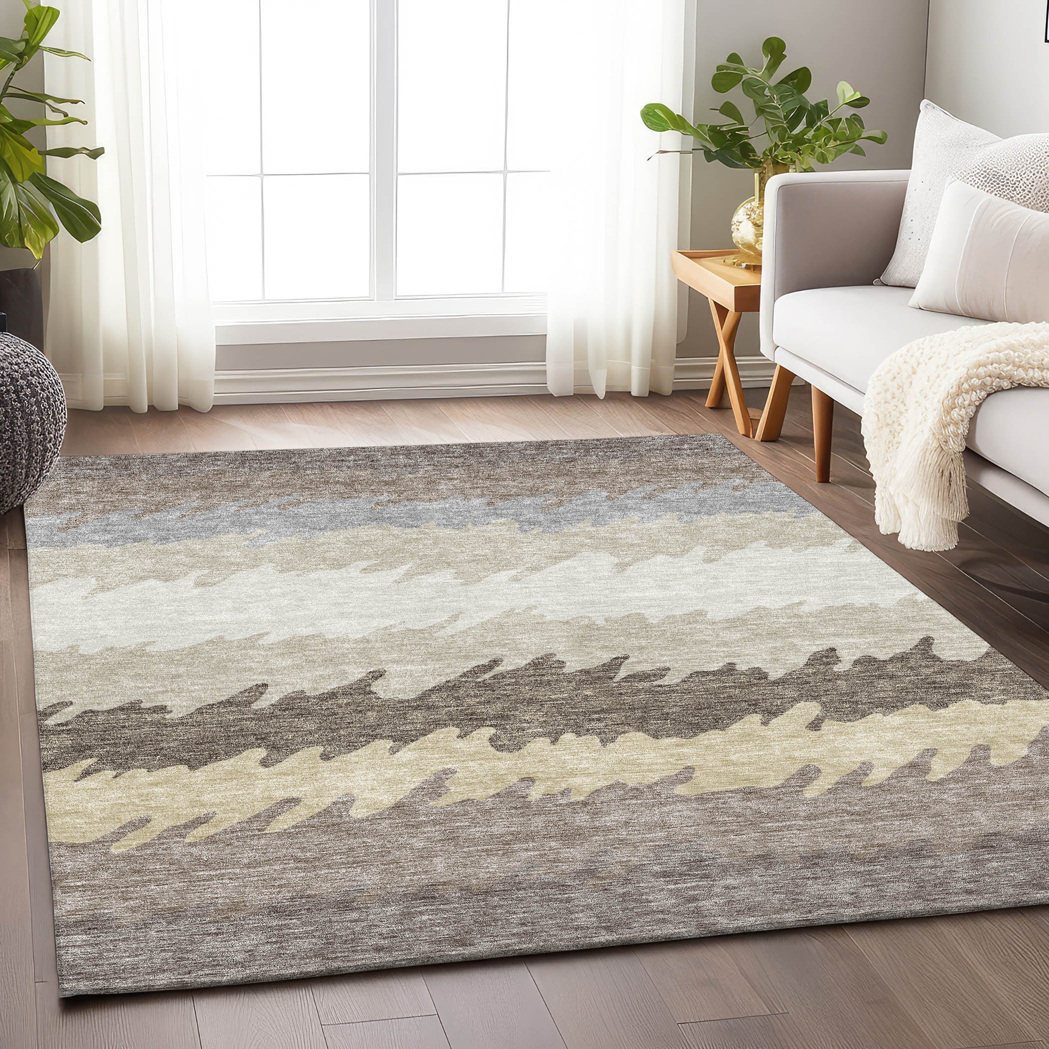 8' X 10' Taupe Gray And Beige Striped Washable Area Rug With UV Protection