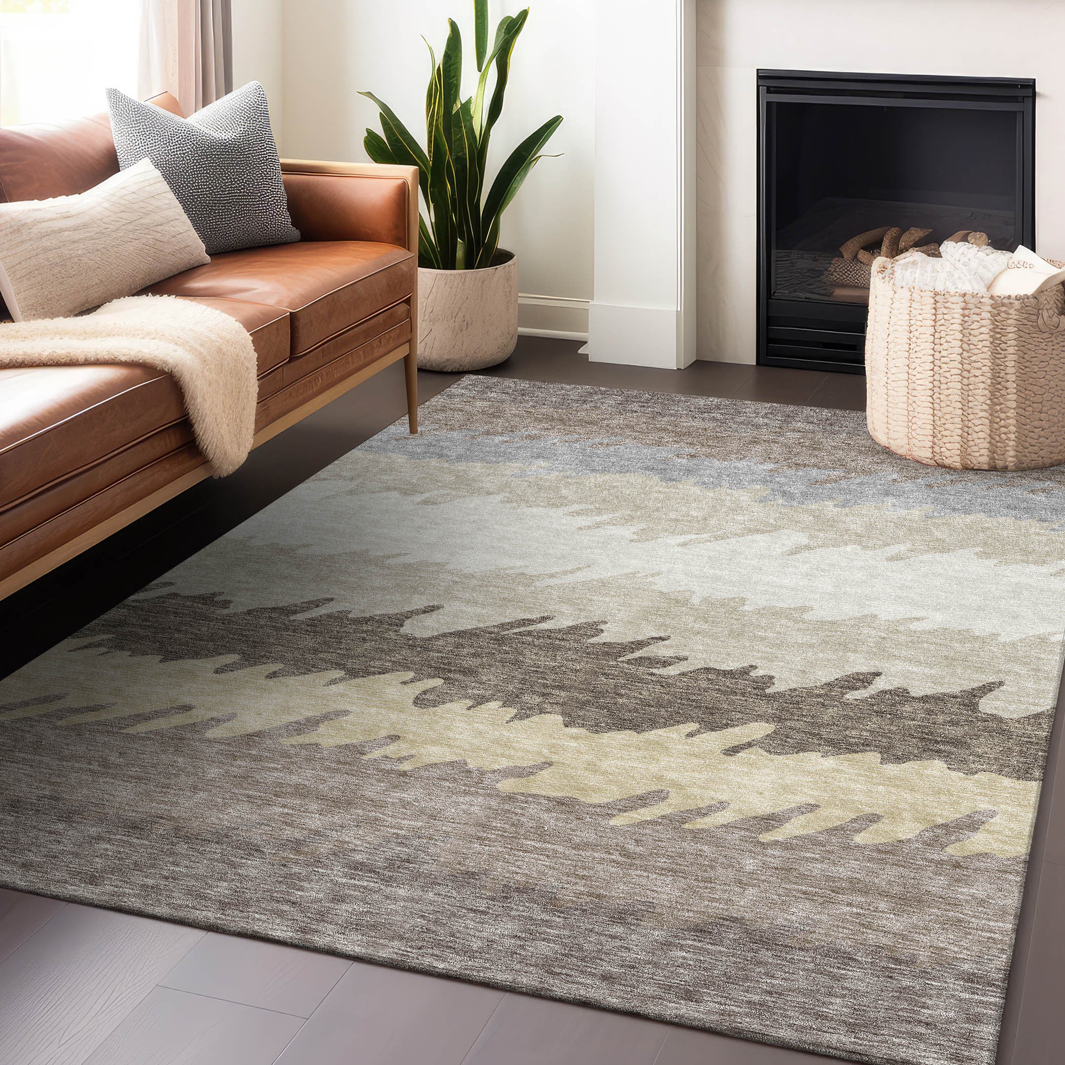 8' X 10' Taupe Gray And Beige Striped Washable Area Rug With UV Protection